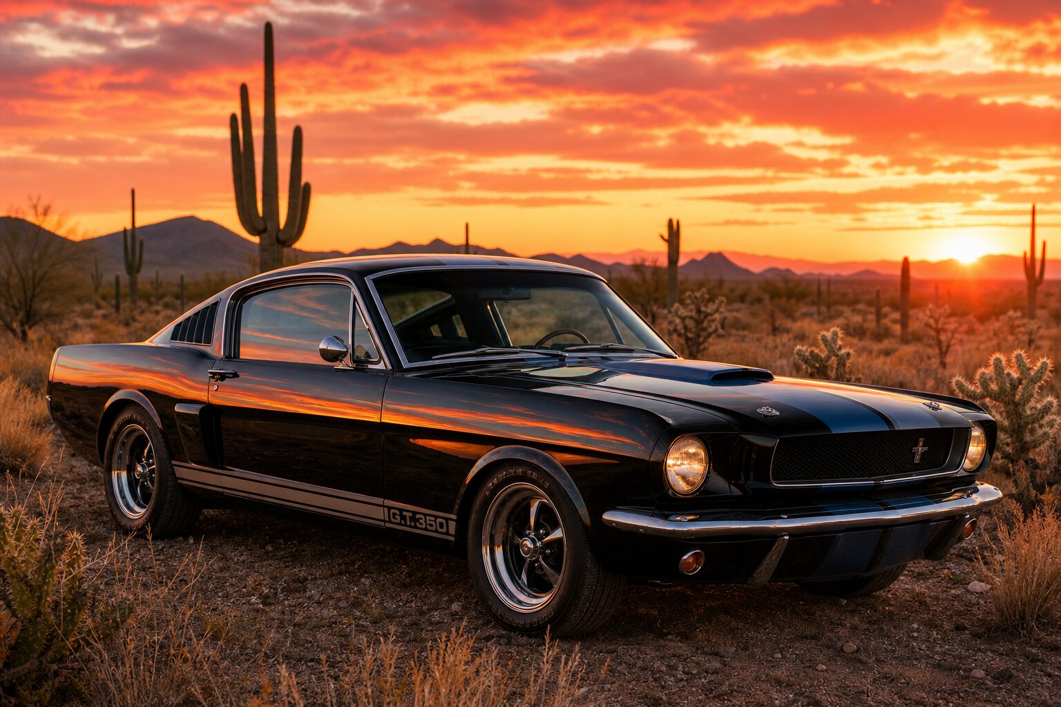 Чёрный Shelby GT350 1966 в пустыне с кактусами, на борту отражается закат